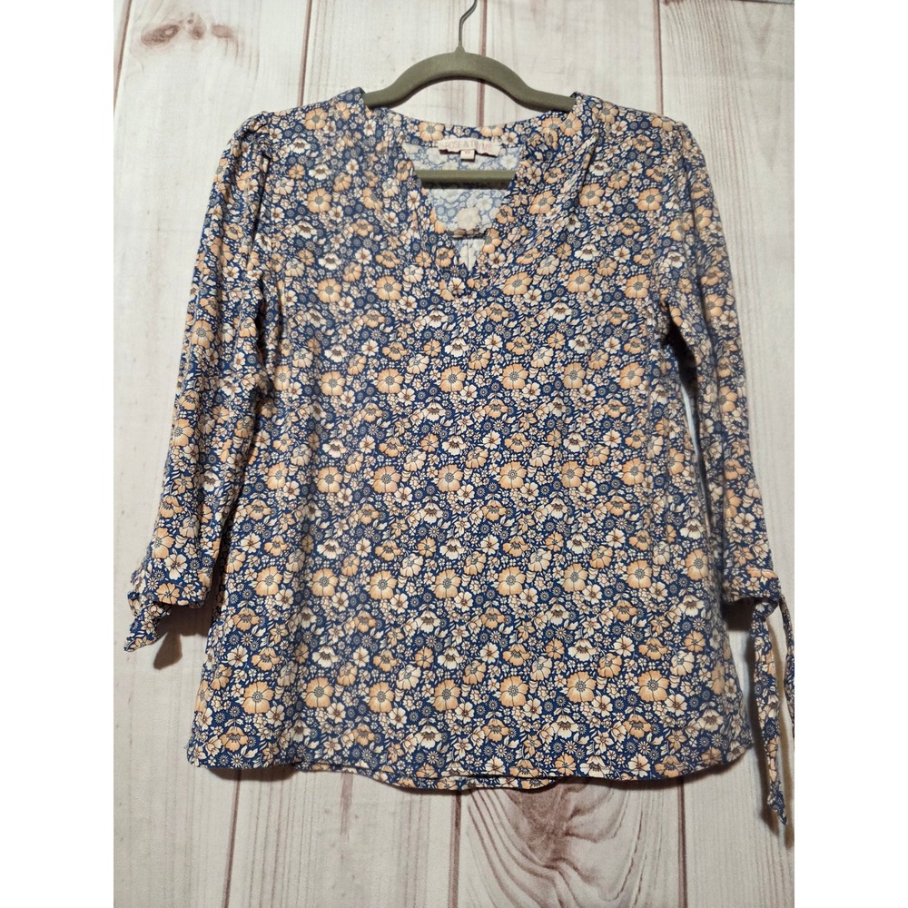 Rose & Thyme Floral V-Neck Blouse Blue Tan 3/4 Tie Sleeve Rayon Top Womens XS